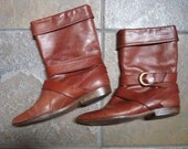 vintage women strappy slouchy Italian burgundy rd brown leather folded over straps belt buckle midi calf ankle boots (6 1/2 - 7)