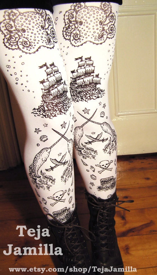 Narwhal Tattoo Tights Large Black on White Womens Sailor Octopus Narwhal Pirate