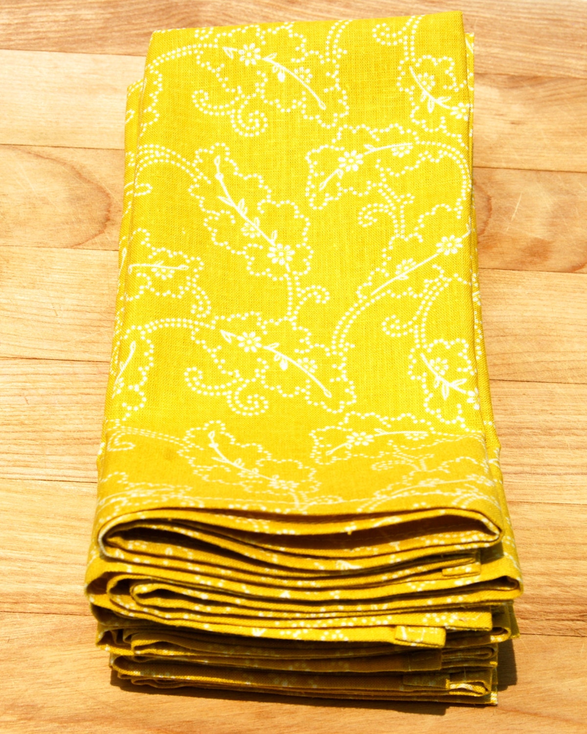 Cloth Napkin - Set of Six - Organic Cotton Hemp - Yellow Paisley Print - Kitchen - Eco Friendly Home