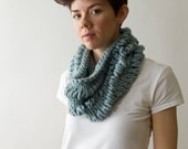 Acrylic wool blend turquoise drop stitch knitted cowl, infinity scarf