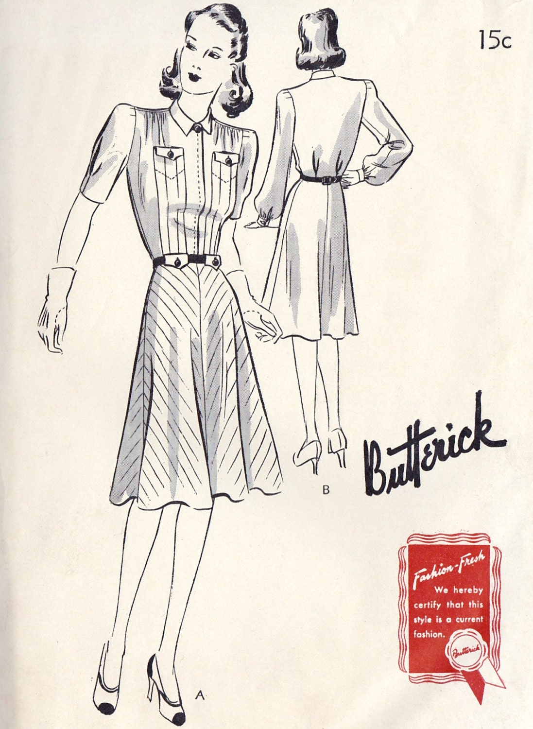 1940s Misses Shirtwaist Dress Vintage Sewing Pattern, Butterick 9327 bust 38" uncut