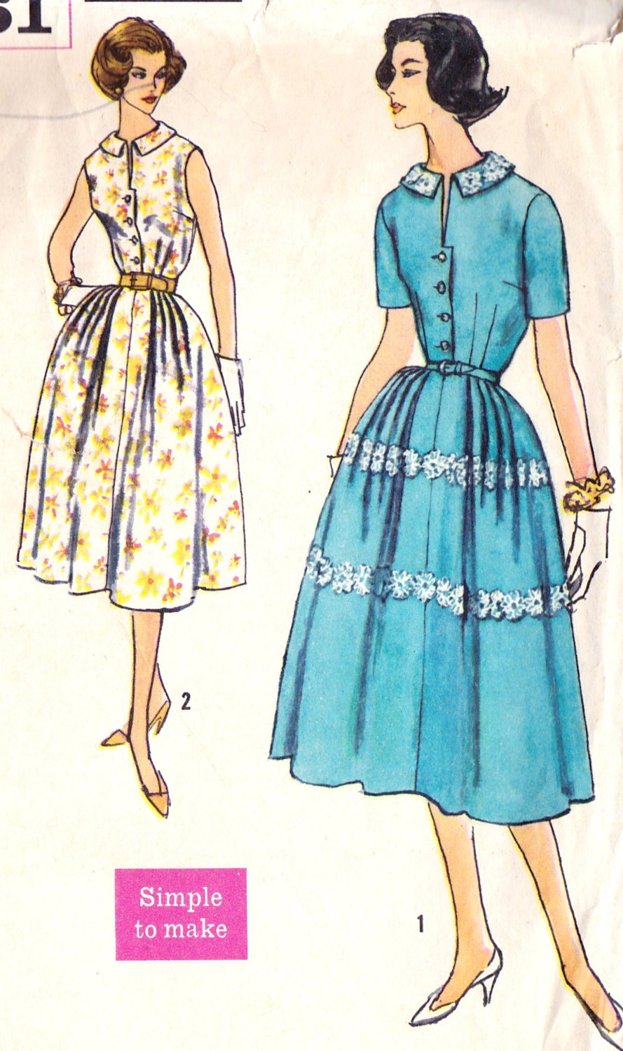 1950s Misses Slenderette Shirtwaist Dress Vintage Sewing Pattern, Simplicity 2461 Bust 34"