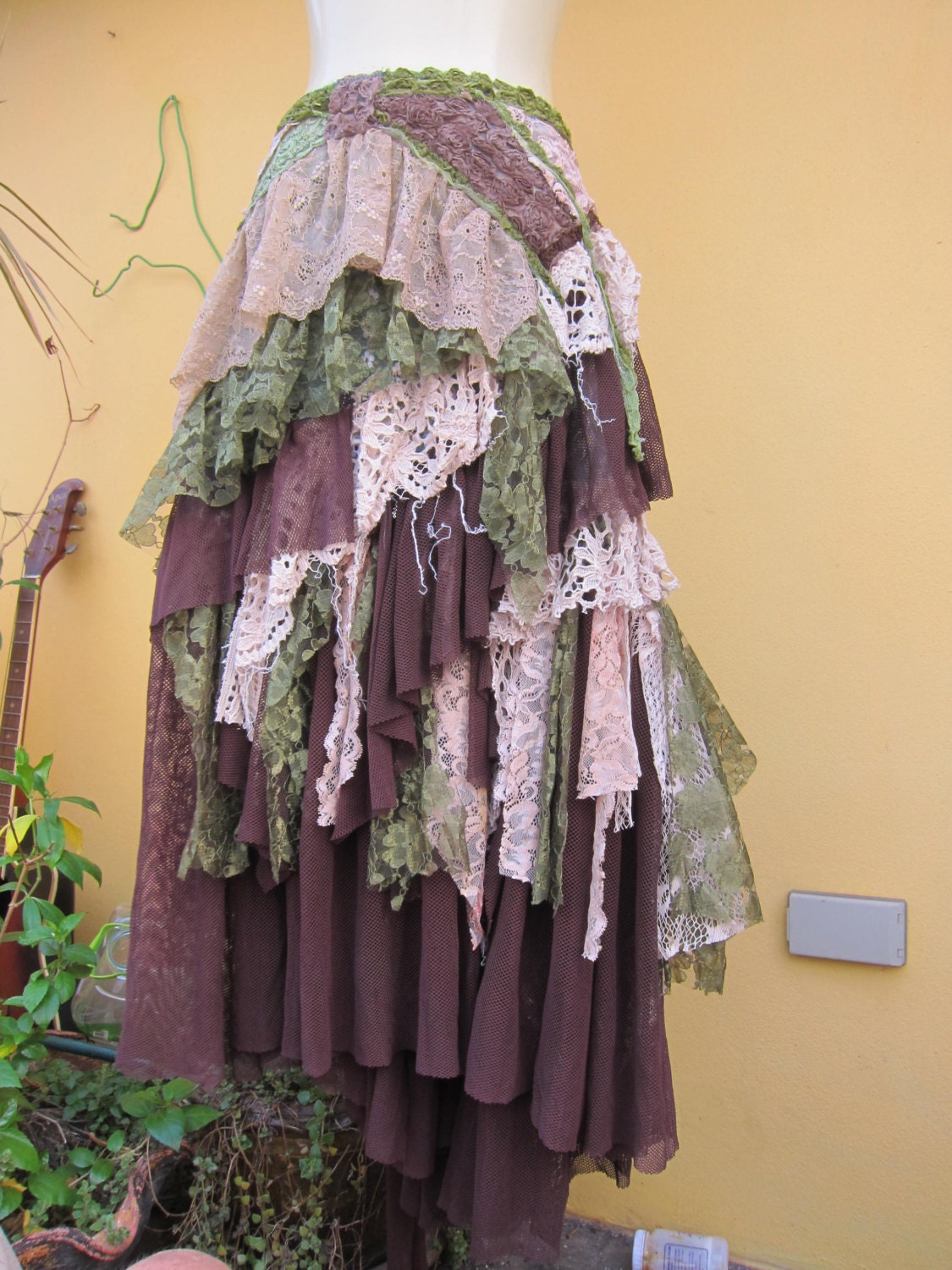 vintage inspired foresty extra shabby cotton wrap skirt/shawl...a work of art and love..50" across...