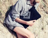 Envelope Bag Geometrical Illusion Leather Suede Dark with White No. EB-1011