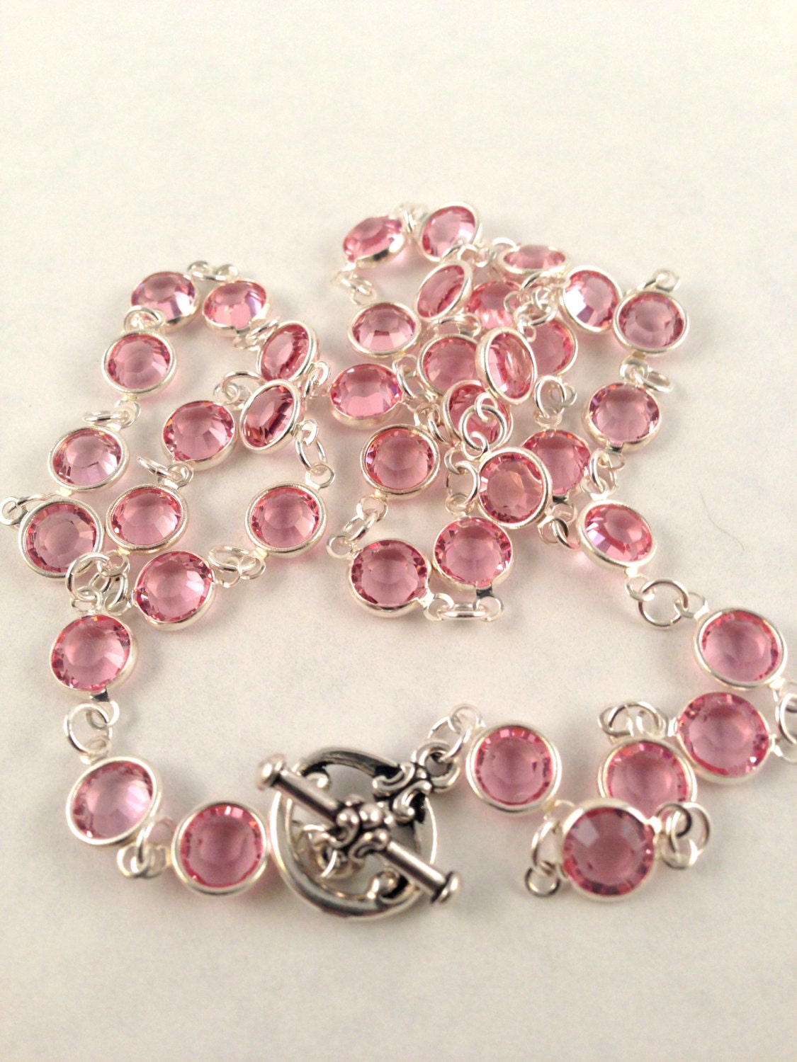 Pink Swarovski Crystal Necklace - Silver framed light rose beveled crystals - Silver plated toggle clasp - pale pink - wedding - bezel