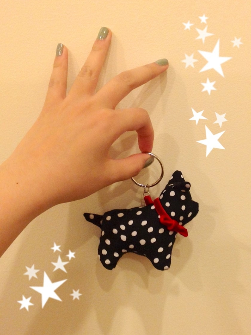 Black and White Polka Dot Puppy Keychain with Red Ribbon