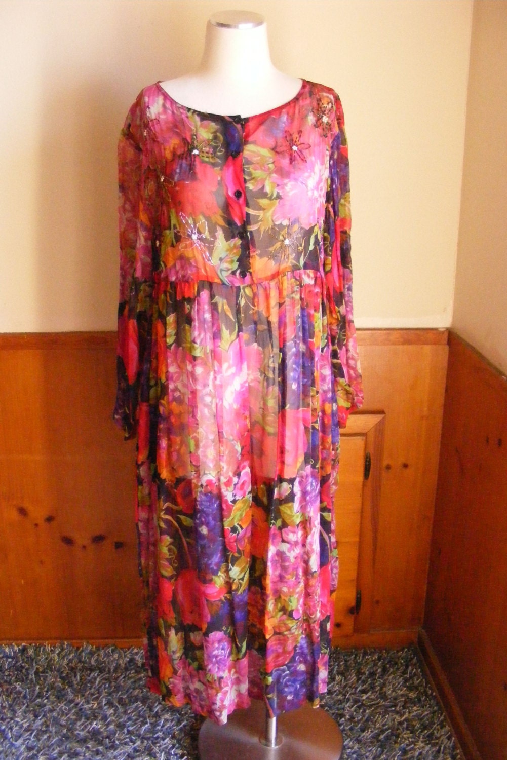 90s babydoll dress sheer floral maxi boho medium large