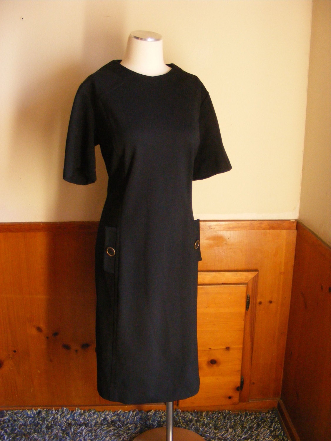 60s mod dress black button detail shift XL XXL