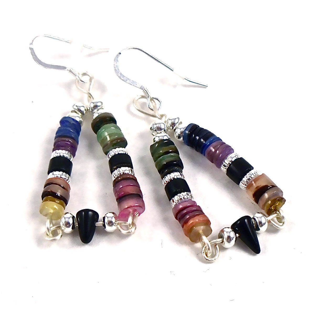Beaded Earrings Rainbow Shell Heishi Bead Imitation Jet Czech Glass Black Spike Geometric Triangle Earrings Shell Jewelry