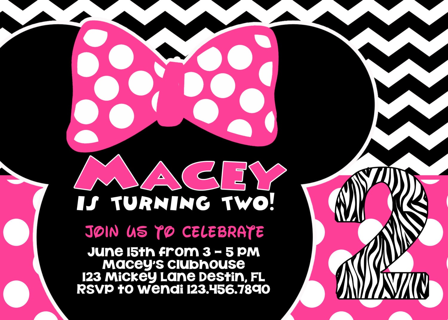 Minnie Mouse Inspired - 5x7 Invitation Pink and Black Birthday Party - Girl PRINTABLE Il_170x135