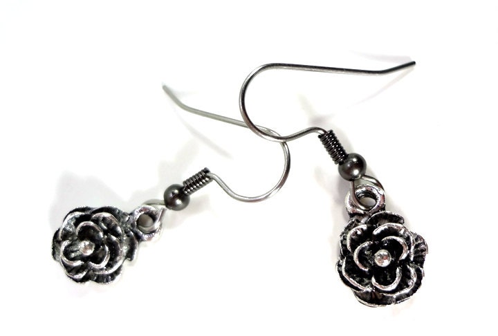Metal Rose Flower Charm Earrings on Hooks or Clip Ons