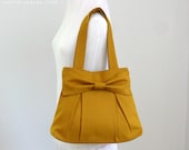 10% off Bridesmaid tote / Dark Mustard Canvas Bag / Bridesmaid Gift / Shoulder bag / Handbag / Pleated Purse / Everyday Bag with Bow / Cute