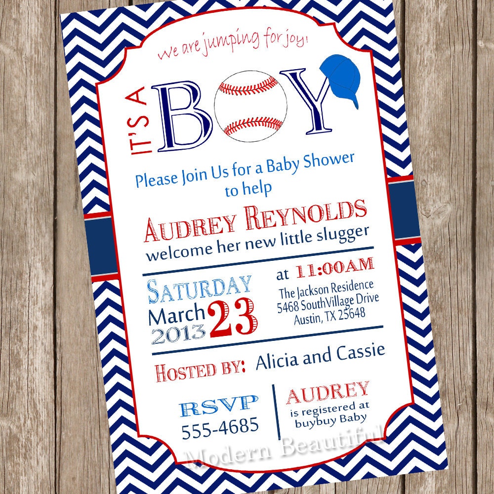 Chevron it's a boy baseball baby shower invitation, red, blue, baseball, digital file Il_170x135