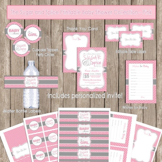 Invitation Party Package - Sugar and Spice Baby Shower Pink and Grey Chevron Party Package Printable (PARTIAL INSTANT DOWNLOAD) - design1 Il_570xn