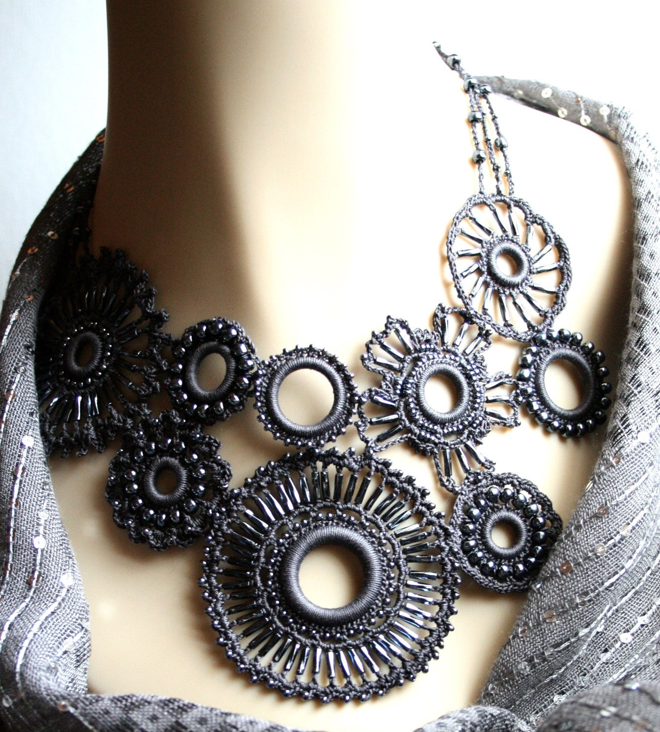 Crochet Charcoal Medallion Beaded Asymetrical Necklace