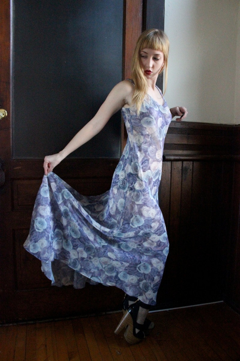 sheer realistic rose pattern maxi dress