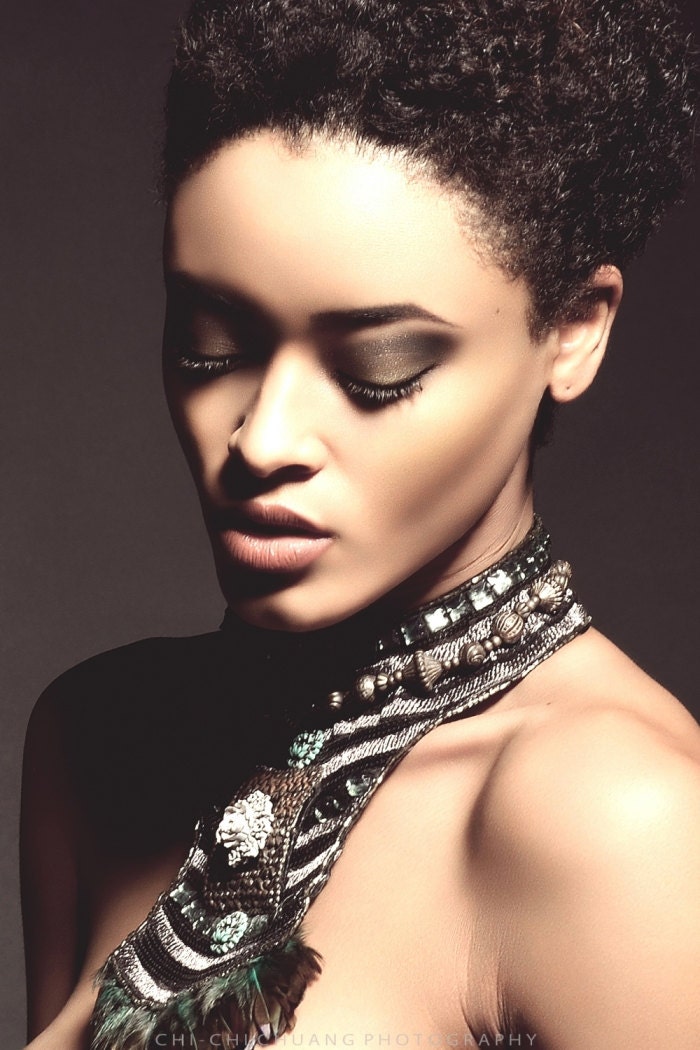 Feather Fringe necklace, Indie Fabulous bib Choker, Vintage Retro Couture neck piece
