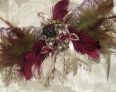 Wedding Garter, Victorian Bridal Accessory, Feather Fantasy cuff with Vintage silk ribbon and vintage jewelry.