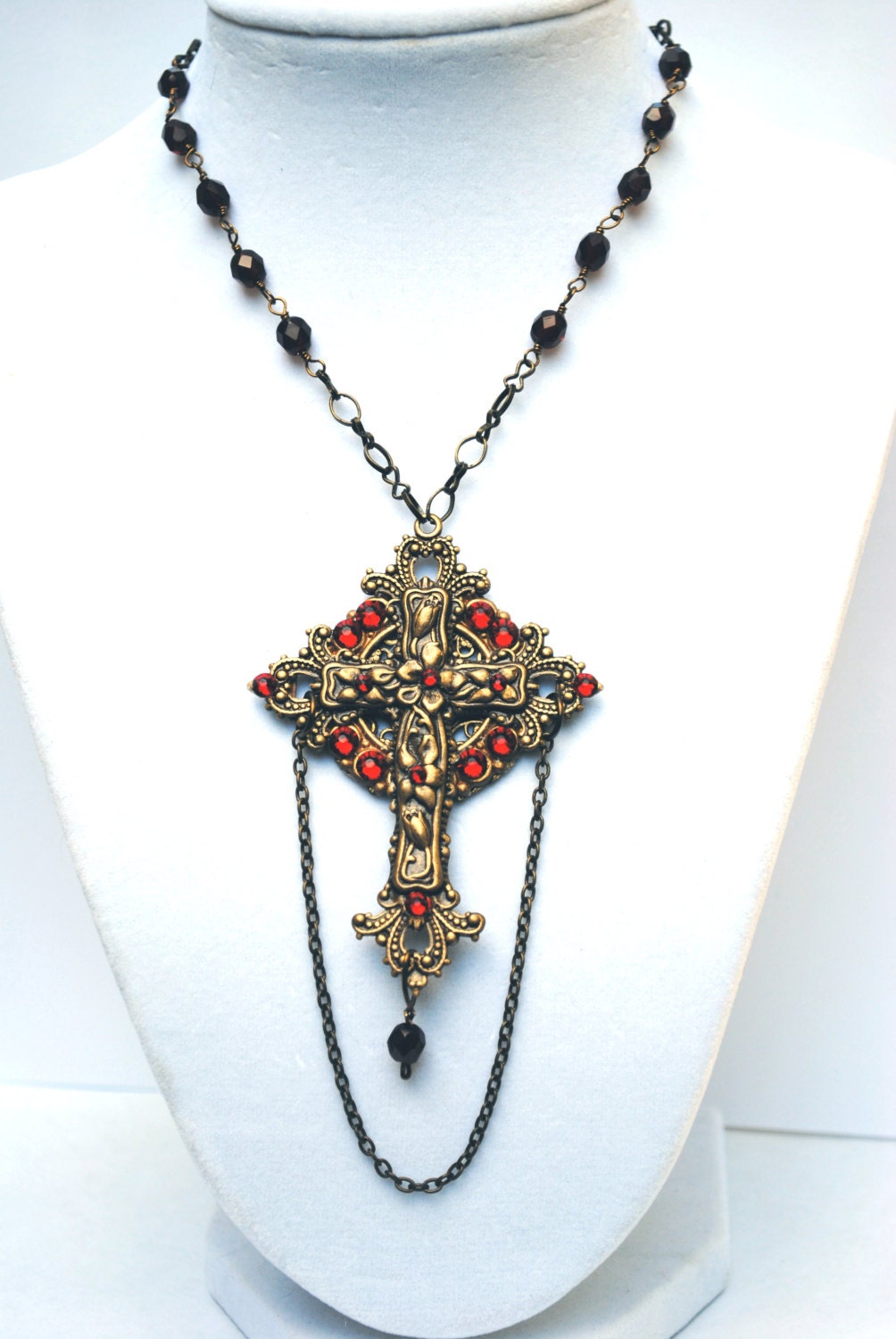RESERVED Gothic Victorian Cross Necklace - Bejewelled In Red