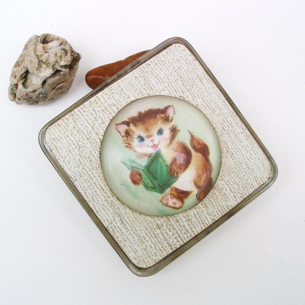 Glass Paper Weight Desk Accessories Kitten Paperweight Brown Cat Green