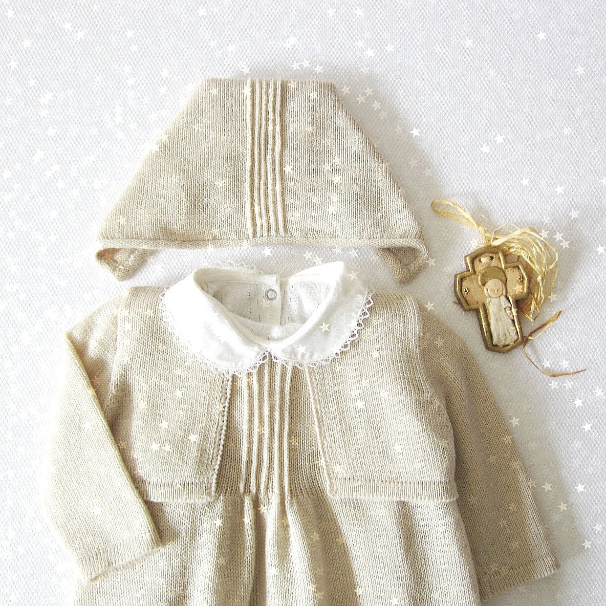 Knitted Christening Gown in pearl. Dress, coatee, cap and shoes.  100% merino wool. Made to order.