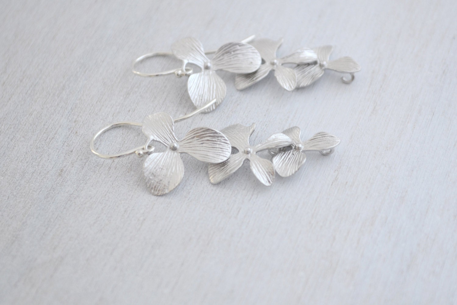 Cascading Silver Orchid Flower Earrings, Argentium Sterling Silver French Hoops, Tropical Flower, Gift for Her, Gift Under 25