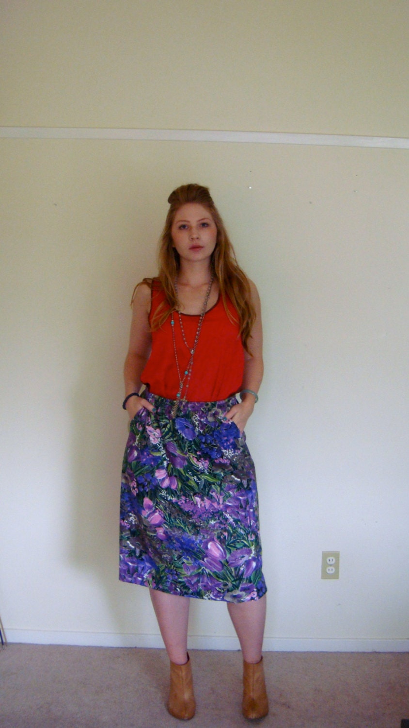 Vintage Watercolor Flower Print Pencil Skirt with Elastic Waist and Pockets Womens Size s/m/l