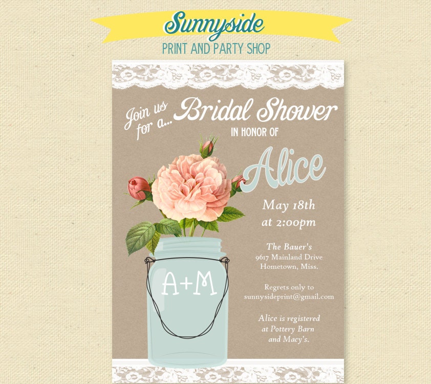 Lace & Kraft Mason Jar Invitation - Peach Rose - Bridal Shower / Rehearsal Dinner