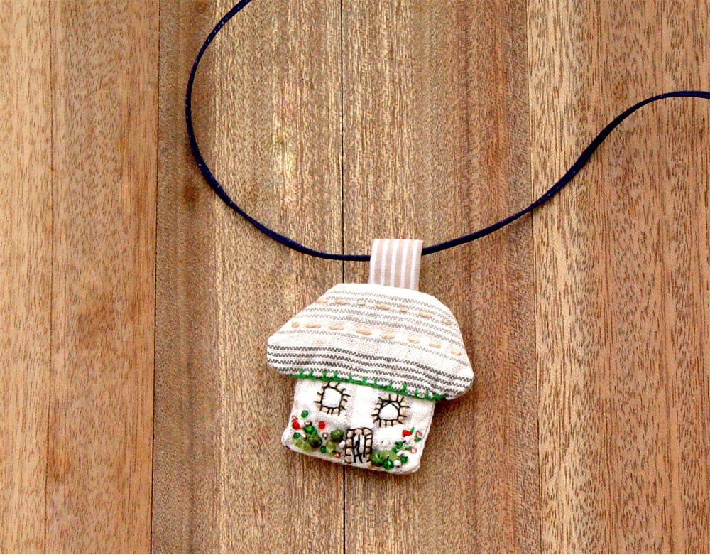 Welcome Home, Tiny House Pendant, Fiber Art Jewelry, Handmade Pendant, Embroidered House