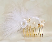 White Bridal Hair Accessory, Wedding Hair Piece, Bridal Fascinator, Floral, Pearl, Gold, Beaded Hair Comb