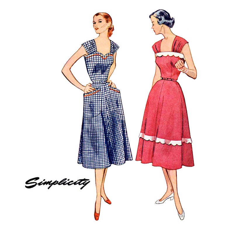 1950s Sundress Pattern Simplicity 3875 Bust 30 Womens Vintage Sewing Pattern Sweetheart or Scalloped Neck Day or Evening Dress UNCUT