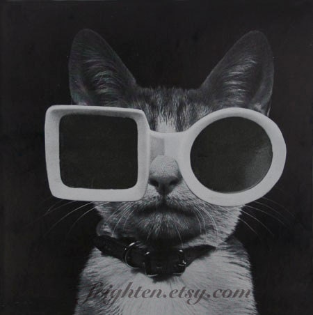 Paper Collage, Mr. Cool, Black and White Cat with Sunglasses Art, frighten