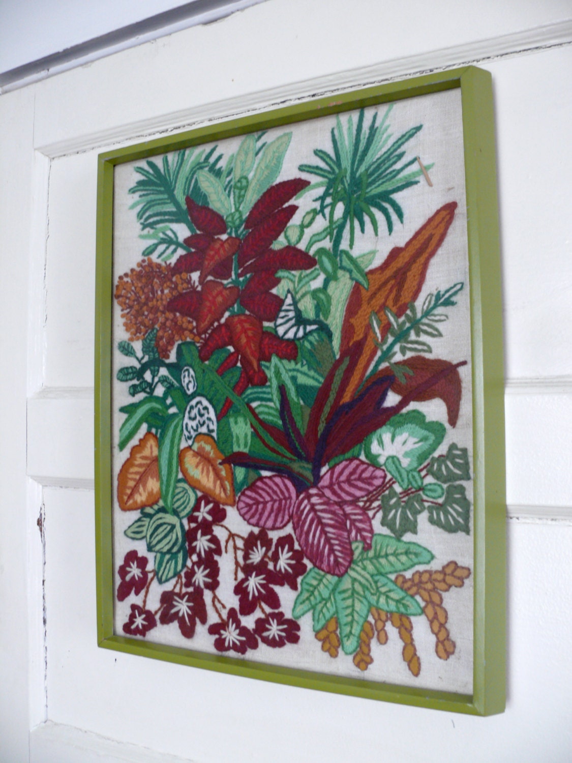 Vintage 60s Wall Hanging, Woven Wall Art, Needlepoint, Embroidery Flower Plant Design