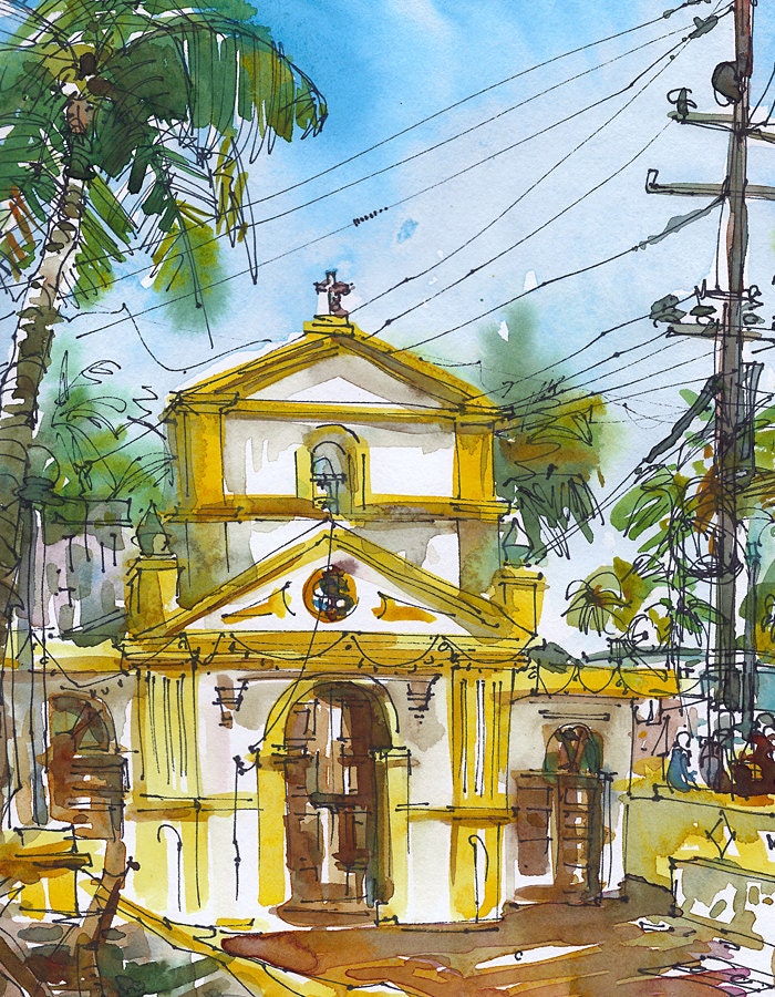 Goa, India sketch Little church among the palms, tropical Watercolor Sketch in sunny yellow and blue - 8x10 print