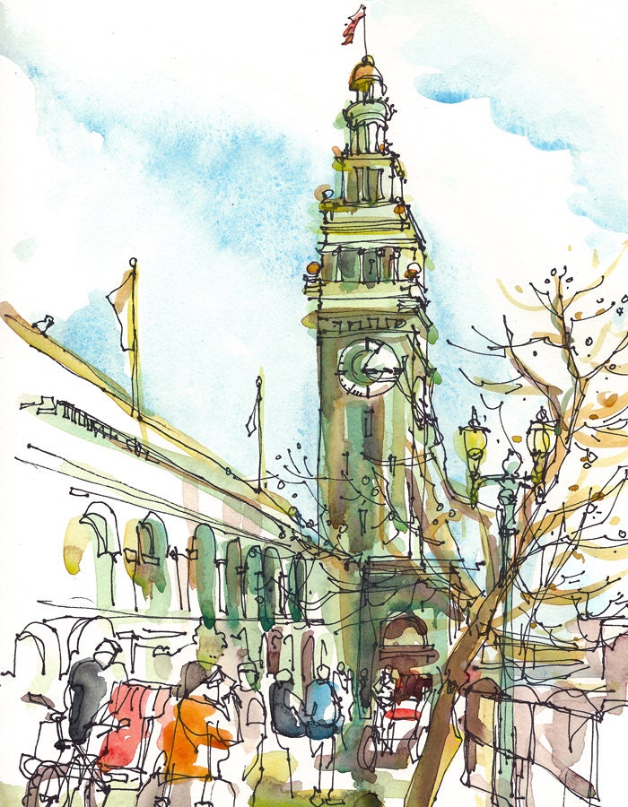 Ferry Building Sketch San Francisco sketch california art print from an original watercolor sketch - 8x10 inches