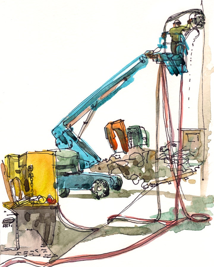 Construction Crane, watercolor sketch, boys room decor- 8x10 print from an original watercolor sketch