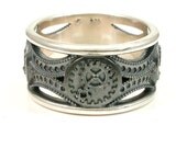 Art Deco Steampunk Gear Scene Ring - Black Sterling Silver
