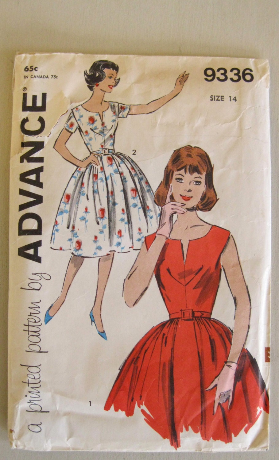 60s Vintage Sewing Pattern Advance 9336 Misses Rockabilly Dress Pattern Bust 34 Cutaway Neckline Sleeveless Short Sleeves