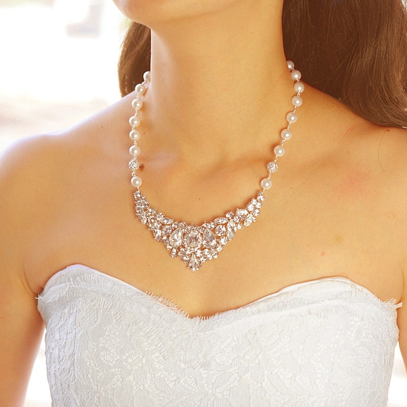 ZAFIRA, Bridal Necklace, Vintage Inspired Chuncky Rhinestone Wedding Bib Necklace, White or Ivory Pearl Statement Necklace, Bridal Jewelry