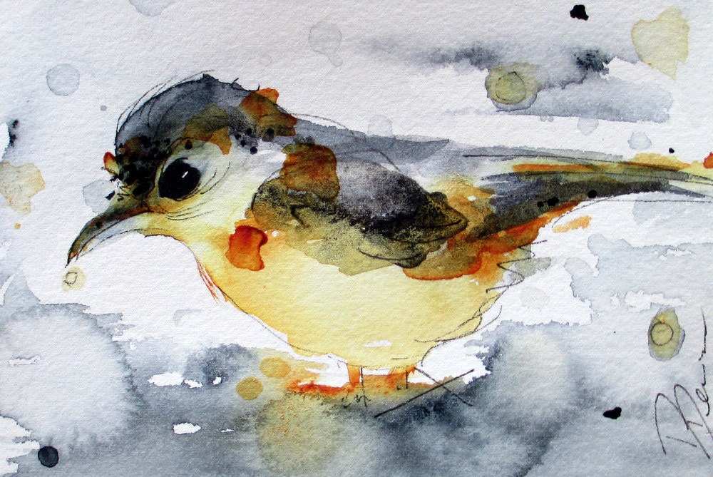 Yellow Bird in Rain Watercolor Print, Original Bird Art Print