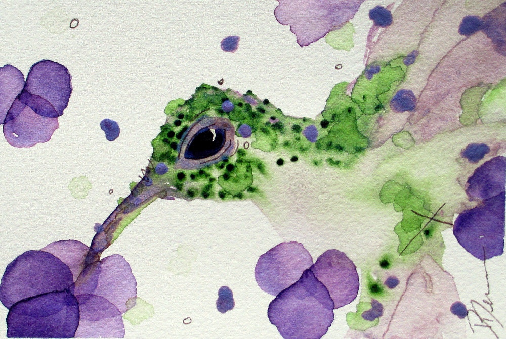 Original Watercolor Print of Hummingbird in Flowers, Hummingbird Art