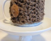 Crochet Cup Cozy BARLEY TAUPE TWEED  Mug Cozy Sleeve with Coconut  Button Acrylic and Lambs Wool Gift for Friend