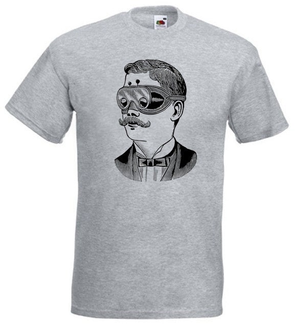 Men's Steampunk Moustache Screen Printed Grey Tee Shirt