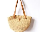 80s Rope Basket Bag Woven Oversized Beach Tote Purse boho hippie 70s natural tan neutral chestnut brown leather round bucket summer handbag