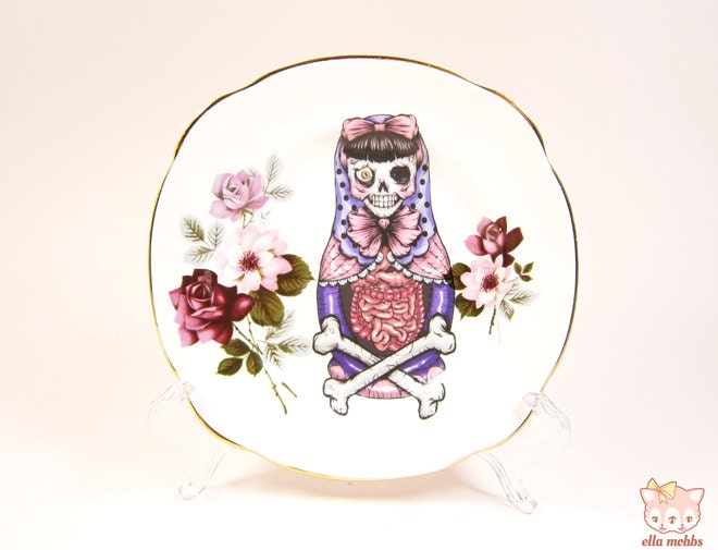 Vintage Butter Plate with a Russian Doll Illustration