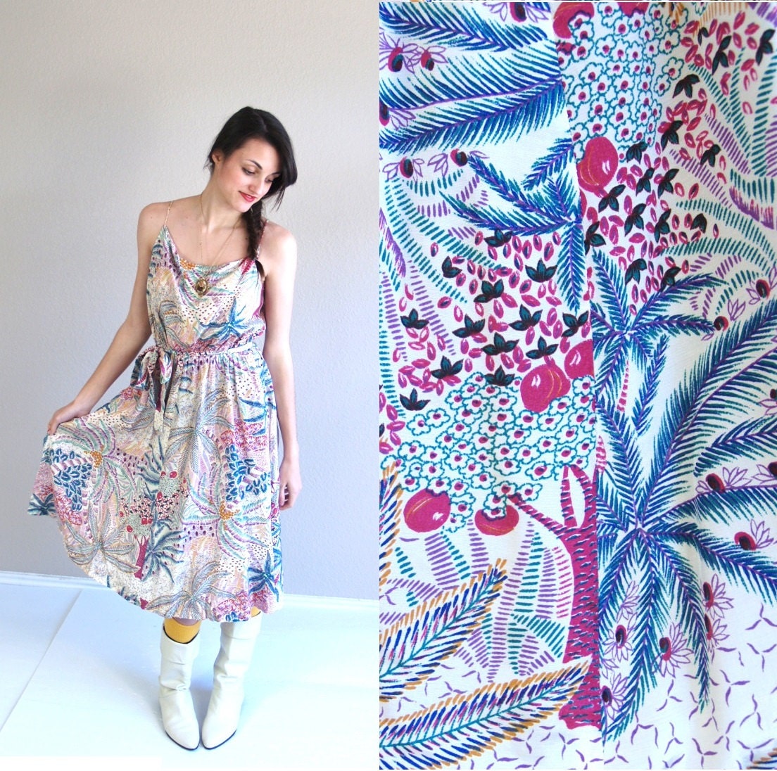 vtg 70s colorful BOTANICAL PRINT pockets Sun DRESS boho Medium full skirt hippie