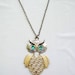 vtg 70s large gold, silver MOVEABLE dangling OWL PENDANT necklace two tone costume jewelry