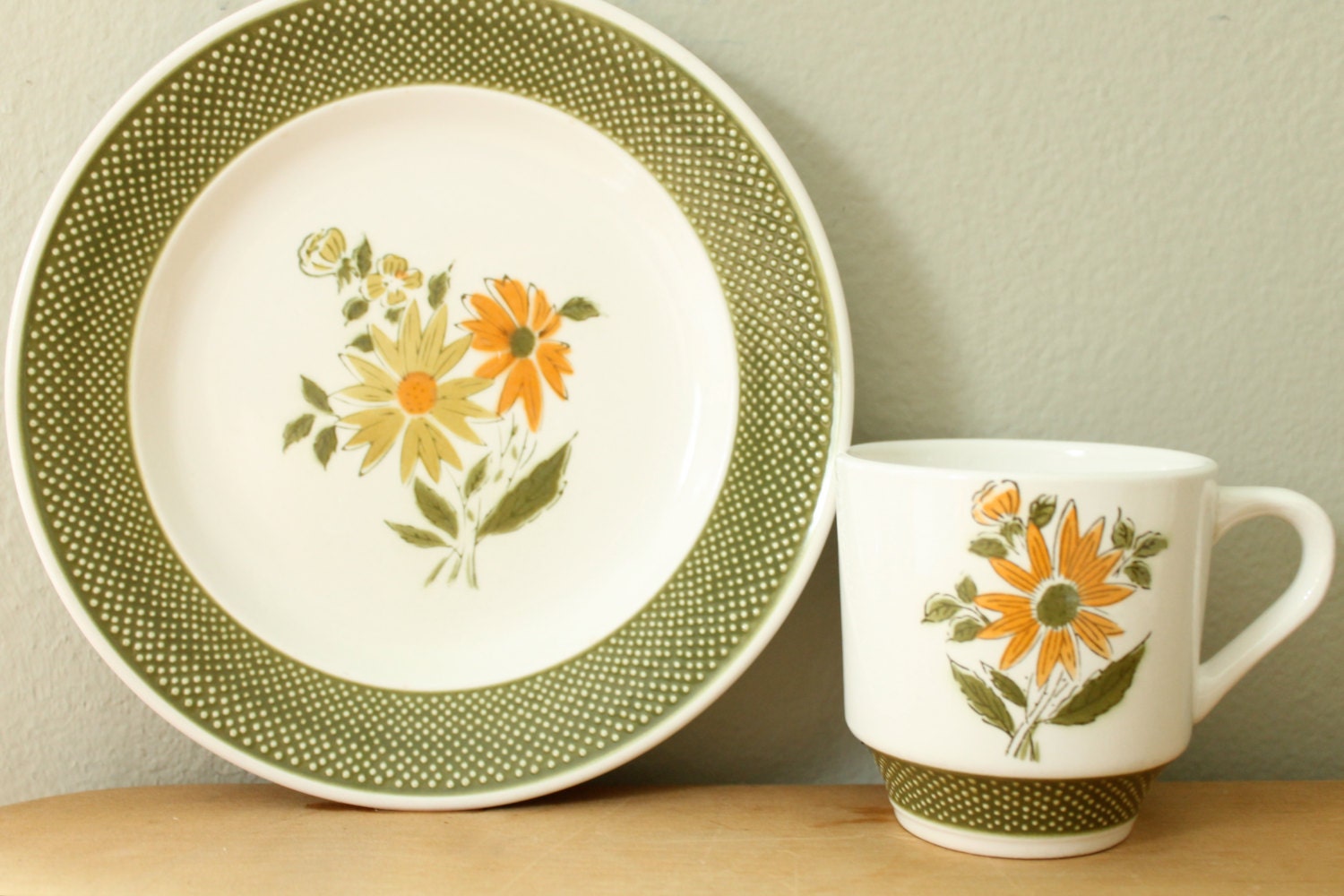 Bellegay Ironstone Green Orange Flower Plate and Cup Set