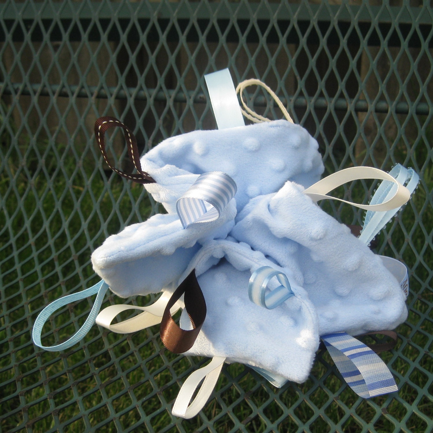 Tag Blanket in Baby Blue, Ribbon Blanky, Sensory Blanket, Baby Blanket