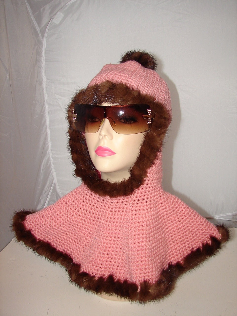 CHS-6 Crochet Ski Hat and Scarf Combo Set Dusty Pink Pure 100% wool and genuine mink fur